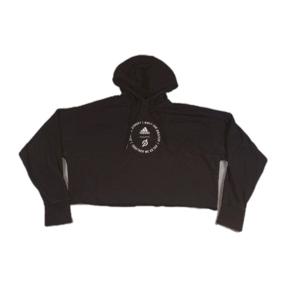 Adidas x Peloton Women's L Cropped Hoodie Black Logos Graphic Sweatshirt H48722